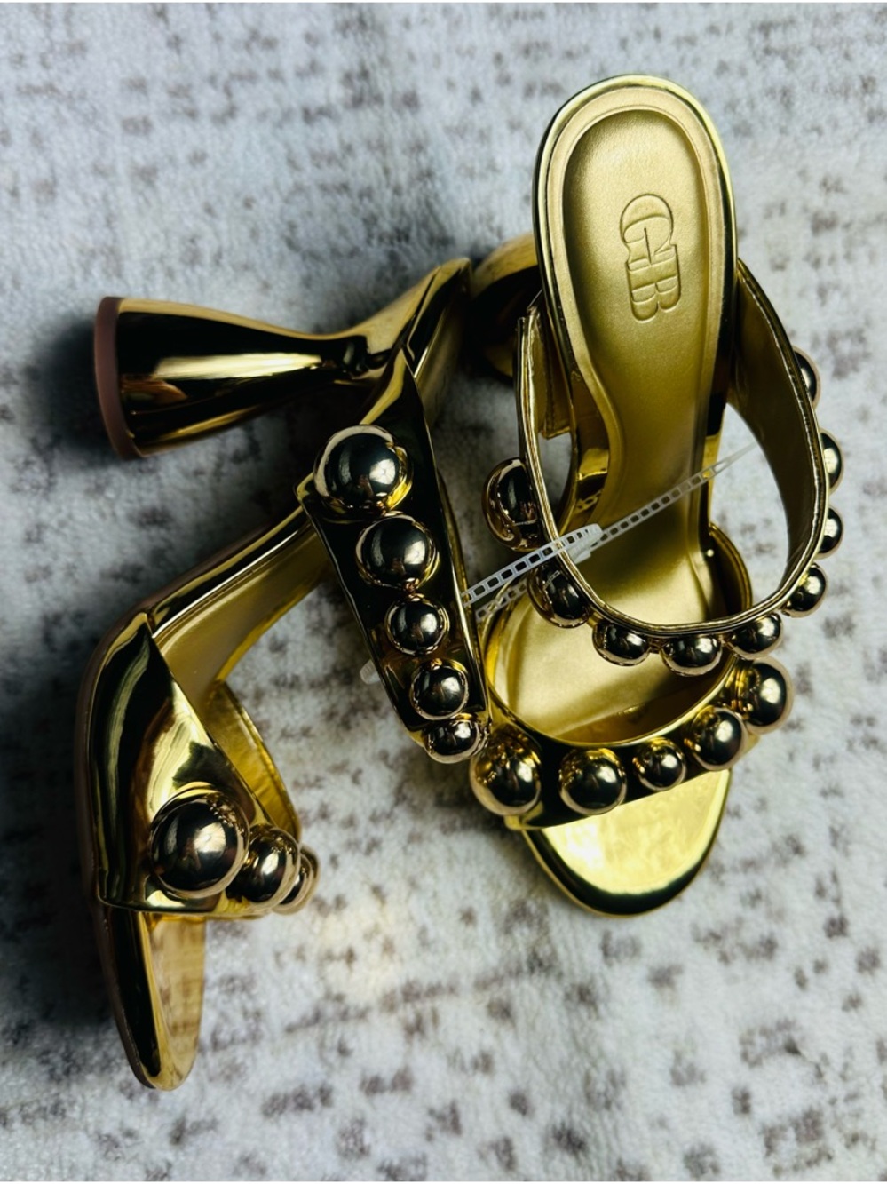 Gianni Bini Metallic Gold Beaded Double-Strap Heels - Picture 3 of 10